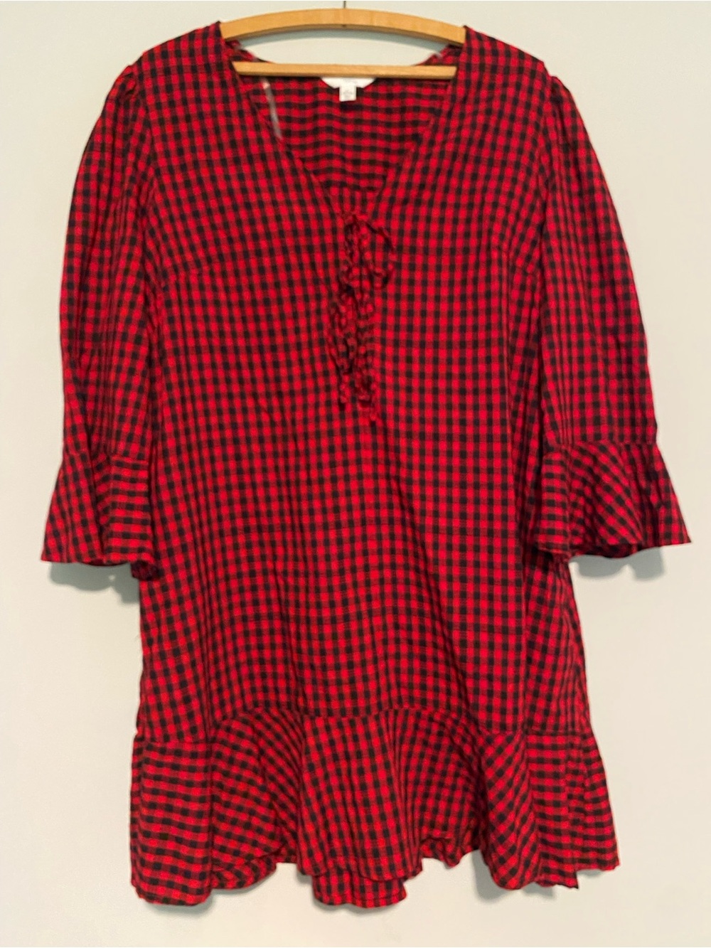 Time and Tru Red Black Buffalo Plaid Gingham Tie Front Ruffle Hem Dress L